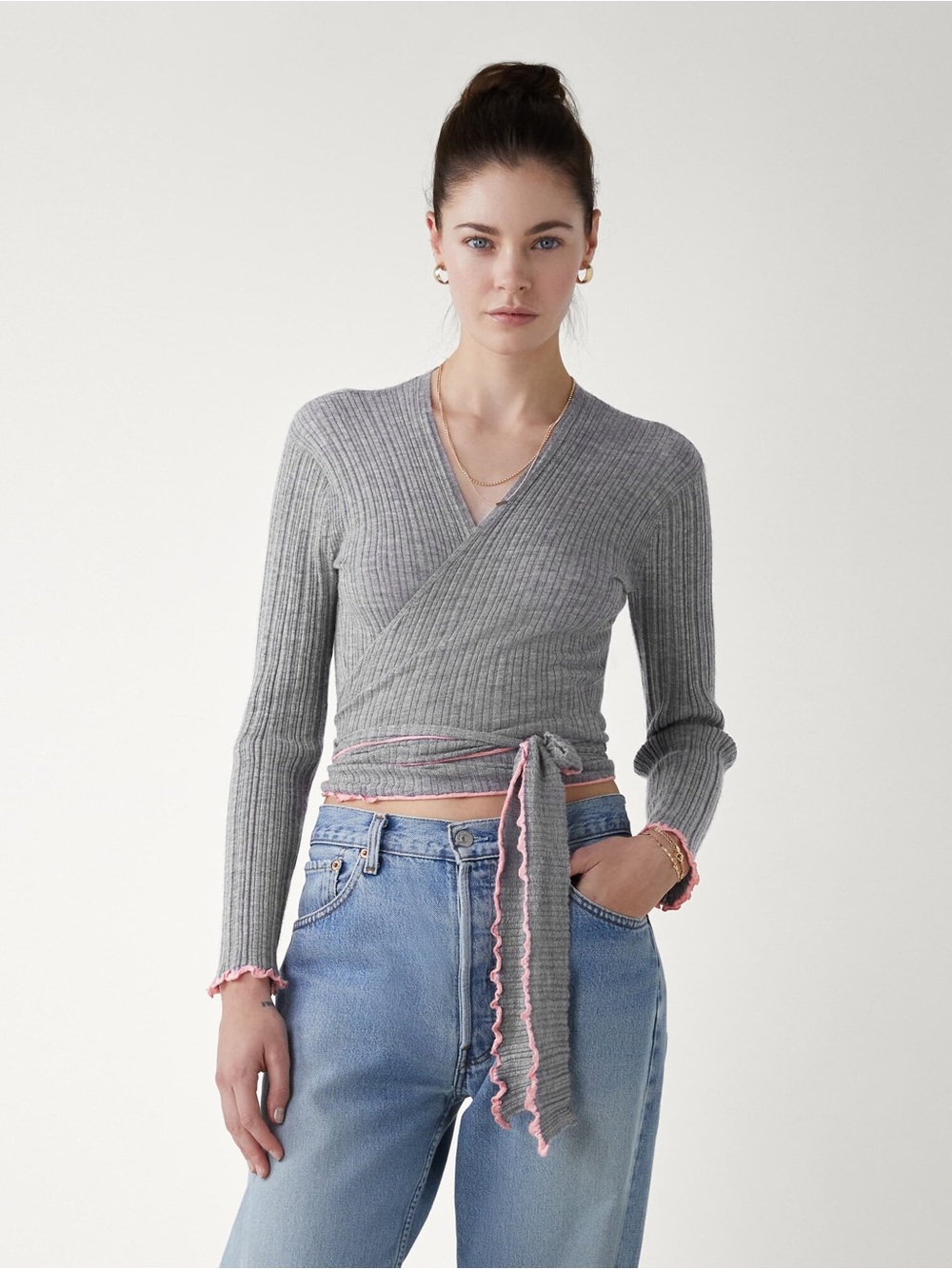 Guest in Residence Spring 2023 Wrap Gray  Ribbed Sweater Cardigan 100% Cashmere